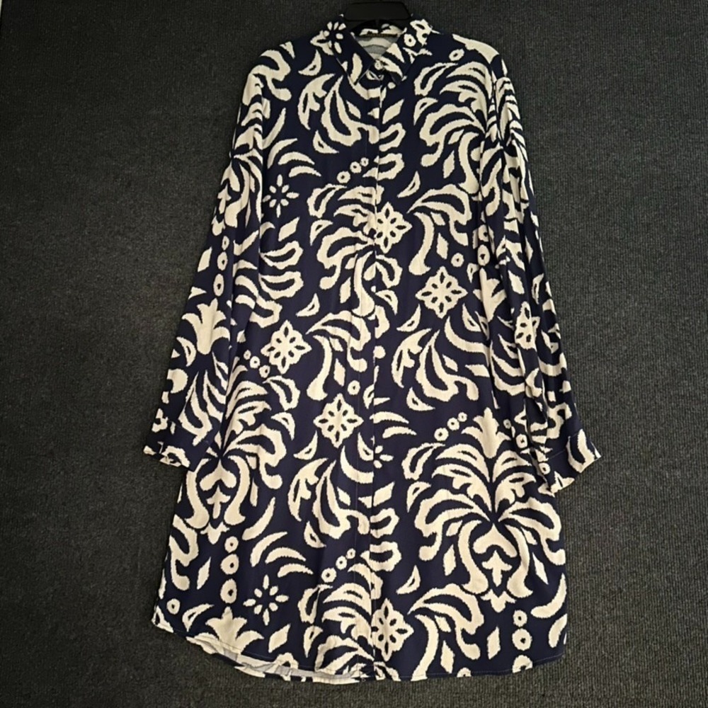 Neva Style Womens Long Tunic Dress Navy Blue White Bold Pattern Button Front LS